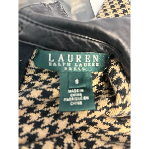 Ralph Lauren Black And Tan Houndstooth Sheath Dress Leather Collar Size Small - Picture 5 of 7